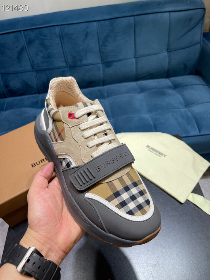 B**rry vintage check, leather and mesh sneakers